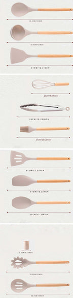 12pcs, Silicone Utensil Set, Khaki Kitchen Utensil Set With Wooden Handle, Safety Cooking Utensils Set, Non-Stick Kitchen Tools