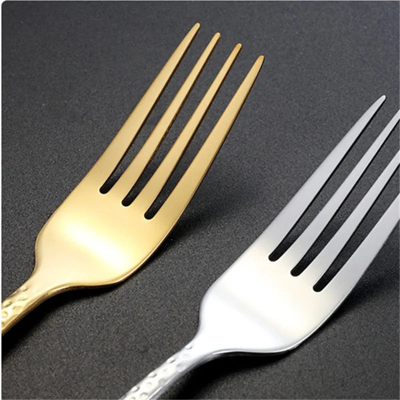 Gold Plated Stainless Steel Cutlery Sets Hotel Decorative Tableware Knife Fork Spoon Tespoon Hammered Utensils for Kitchen