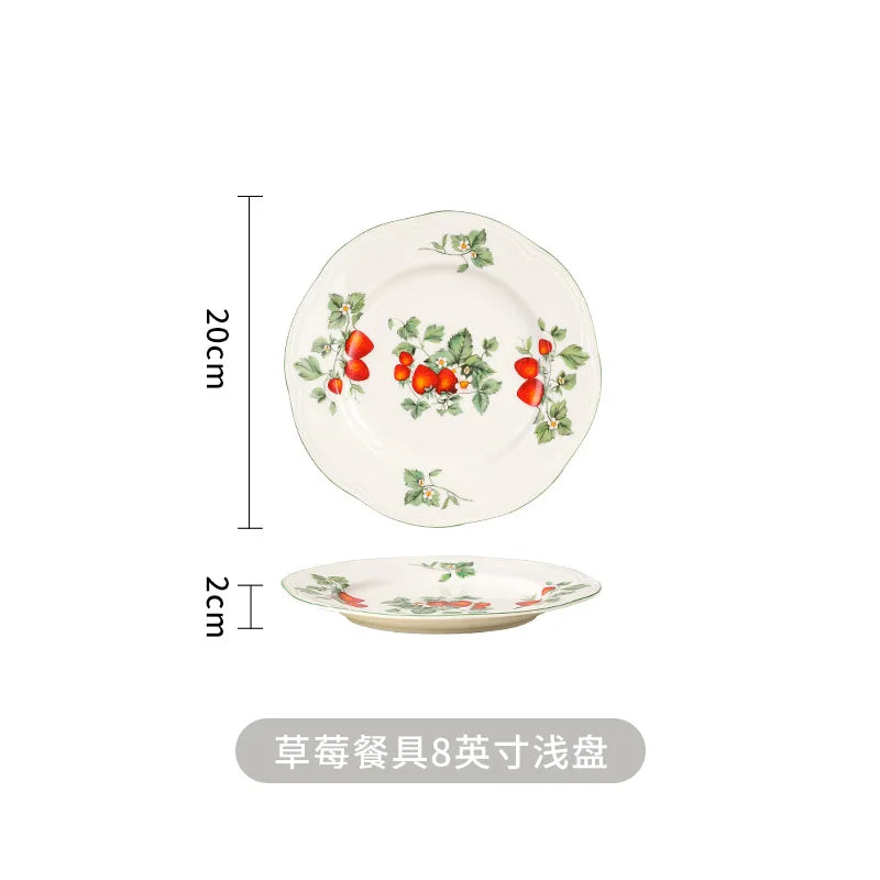 Retro Strawberry Dinner Plate and Bowl Set Decorative Ceramic Salad Dessert Plate Curry Pasta Dish Crockery Dinnerware Set