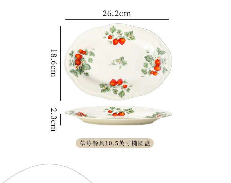 Retro Strawberry Dinner Plate and Bowl Set Decorative Ceramic Salad Dessert Plate Curry Pasta Dish Crockery Dinnerware Set