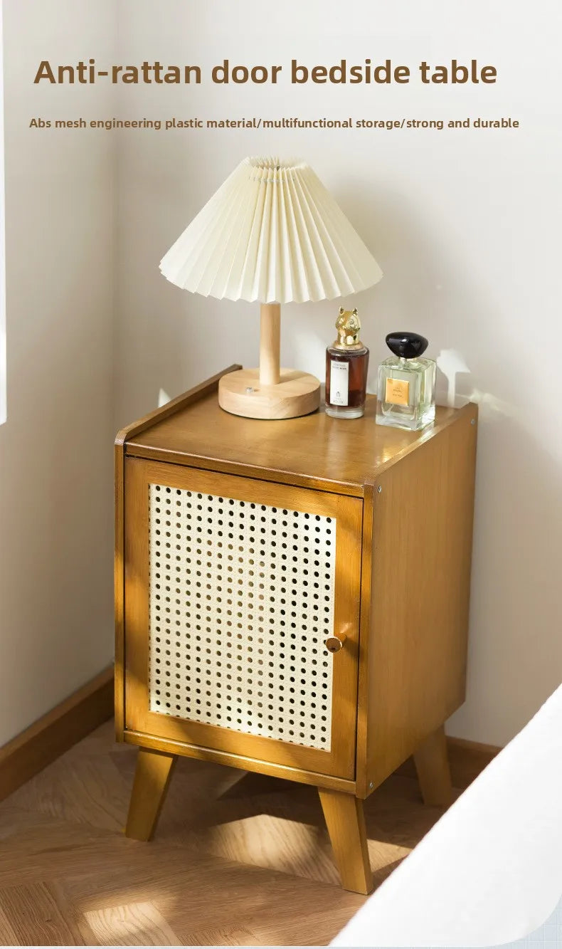 Solid wood bedside table Small apartment sofa side cabinet Rattan edge few storage locker corner few small cabinets