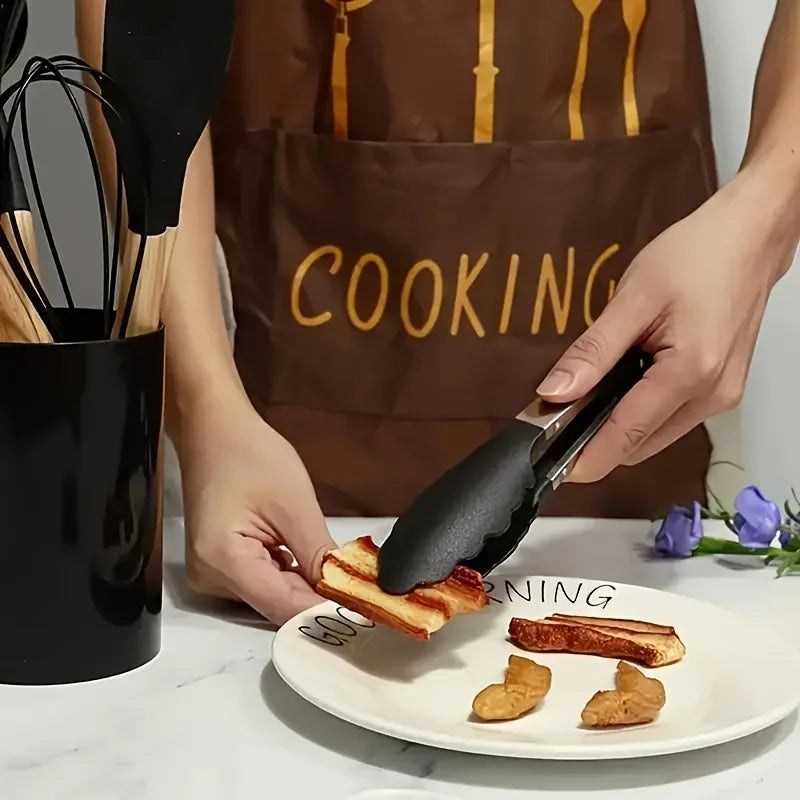 Silicone Kitchen Utensil Set with Wooden Handles Cooking & Baking Tools Including Non-Stick Spatula, Ladle, Whisk & Storage Rack