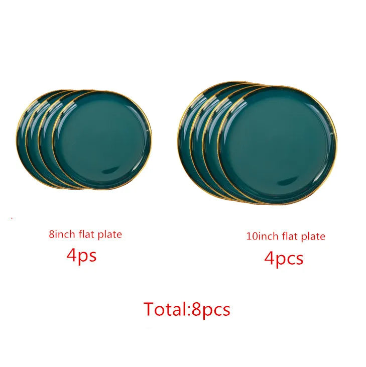 Luxury Forest Green Ceramic Dinnerware Set Include Shallow Plates Rice Soup Bowls Fish Dish And Spoon