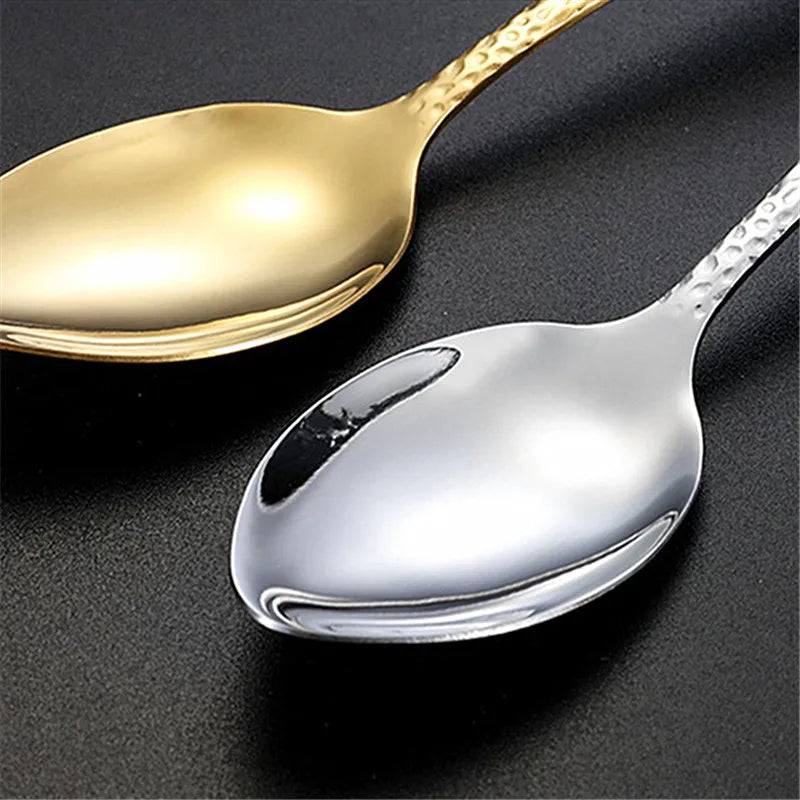 Gold Plated Stainless Steel Cutlery Sets Hotel Decorative Tableware Knife Fork Spoon Tespoon Hammered Utensils for Kitchen
