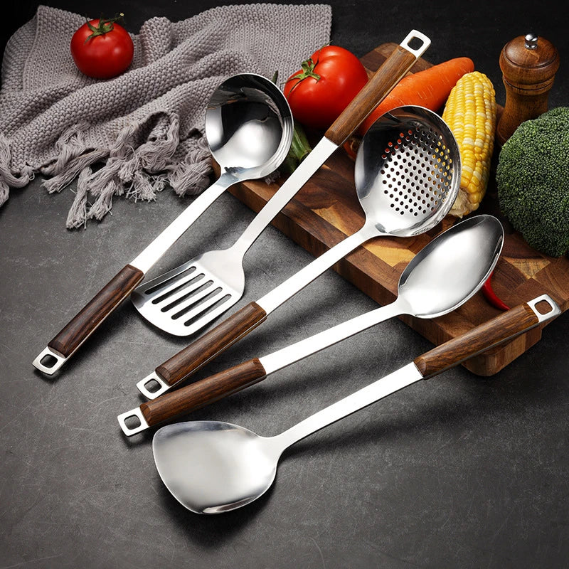 Kitchen Wooden Handle Wok Spatula Cooking Utensils Stainless Steel Frying Shovel Colander Soup Rice Spoon Kitchenware Tools