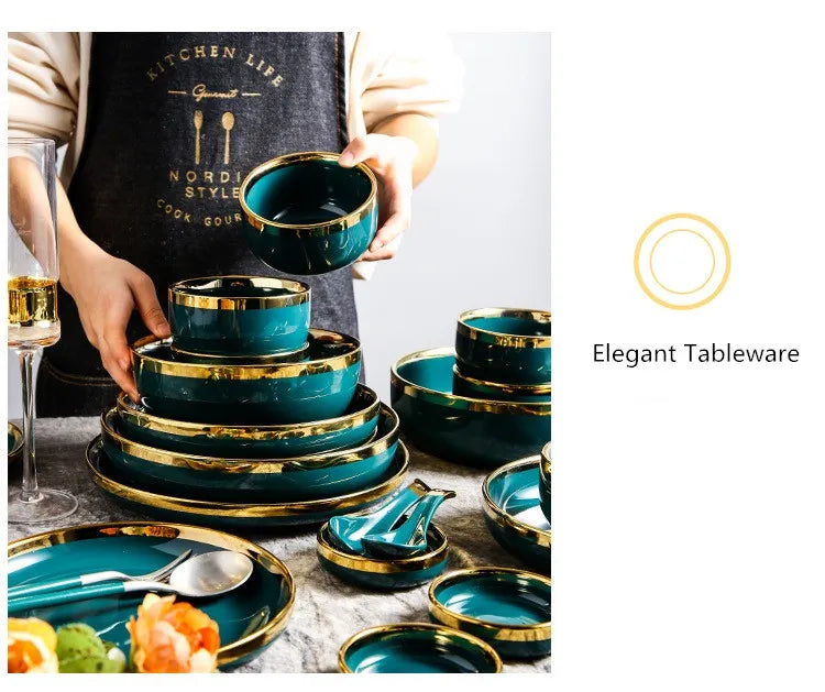 Luxury Forest Green Ceramic Dinnerware Set Include Shallow Plates Rice Soup Bowls Fish Dish And Spoon