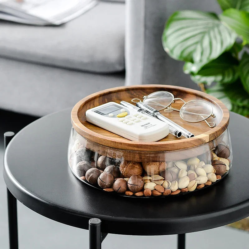 Creative Glass Food Storage Containers with Wooden Lid Kitchen Snack Fruit Candy Nut Sundries Storage Organizer for Kitchen