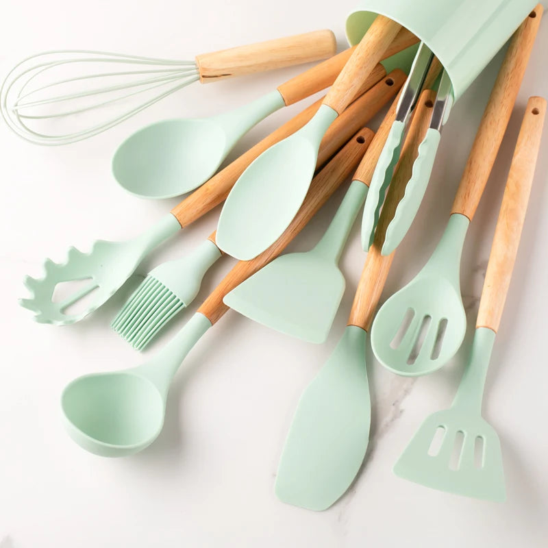 12pcs, Silicone Utensil Set, Khaki Kitchen Utensil Set With Wooden Handle, Safety Cooking Utensils Set, Non-Stick Kitchen Tools