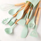 12pcs, Silicone Utensil Set, Khaki Kitchen Utensil Set With Wooden Handle, Safety Cooking Utensils Set, Non-Stick Kitchen Tools