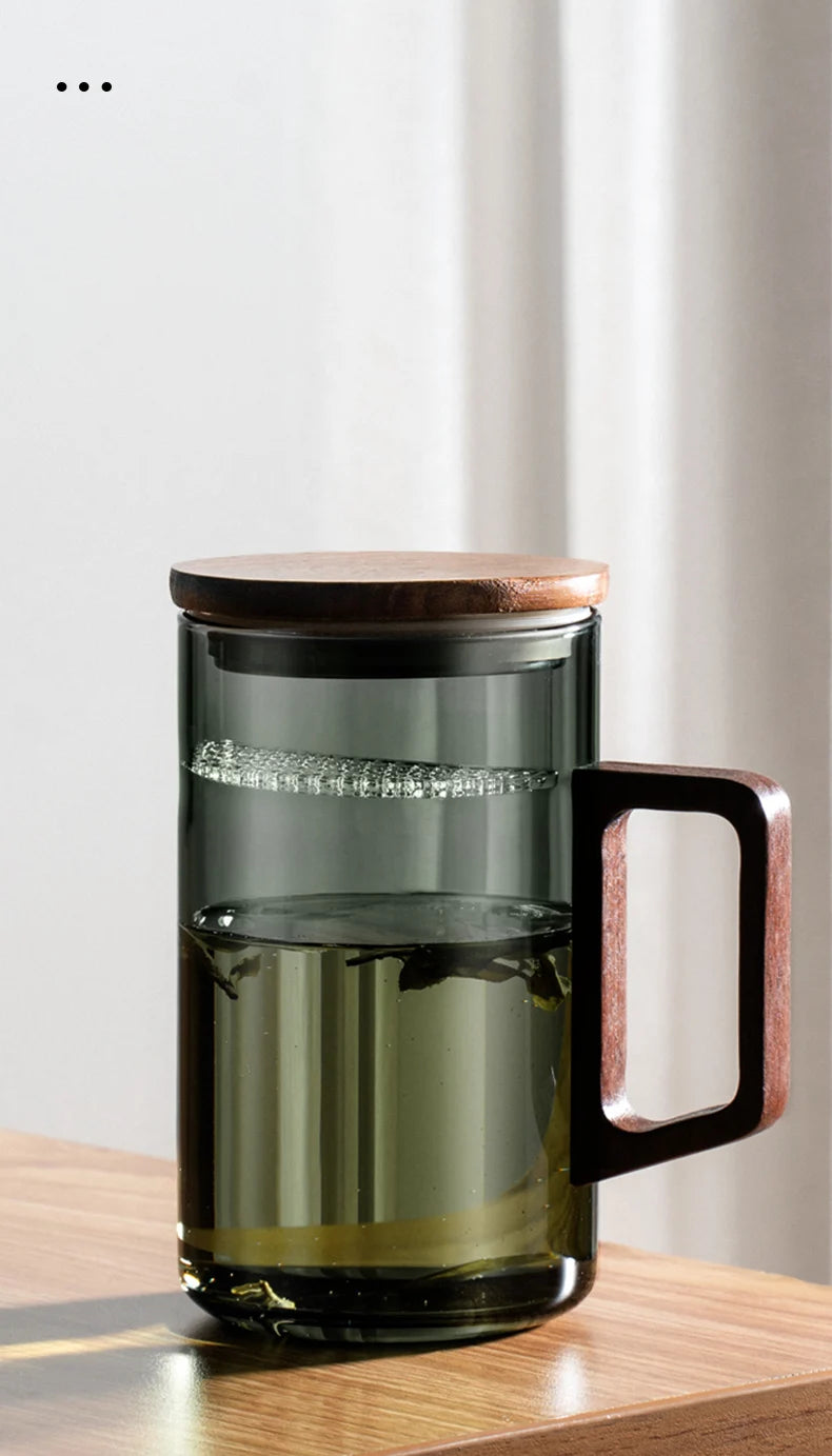 Household Portable Drinkware Transparent Glass Cup Wooden Handle Coffee Mug Kitchen Tea Making Cup Coffeeware Teaware