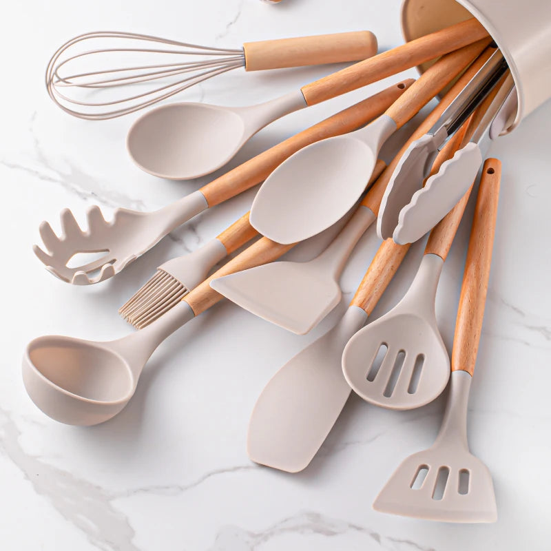 12pcs, Silicone Utensil Set, Khaki Kitchen Utensil Set With Wooden Handle, Safety Cooking Utensils Set, Non-Stick Kitchen Tools