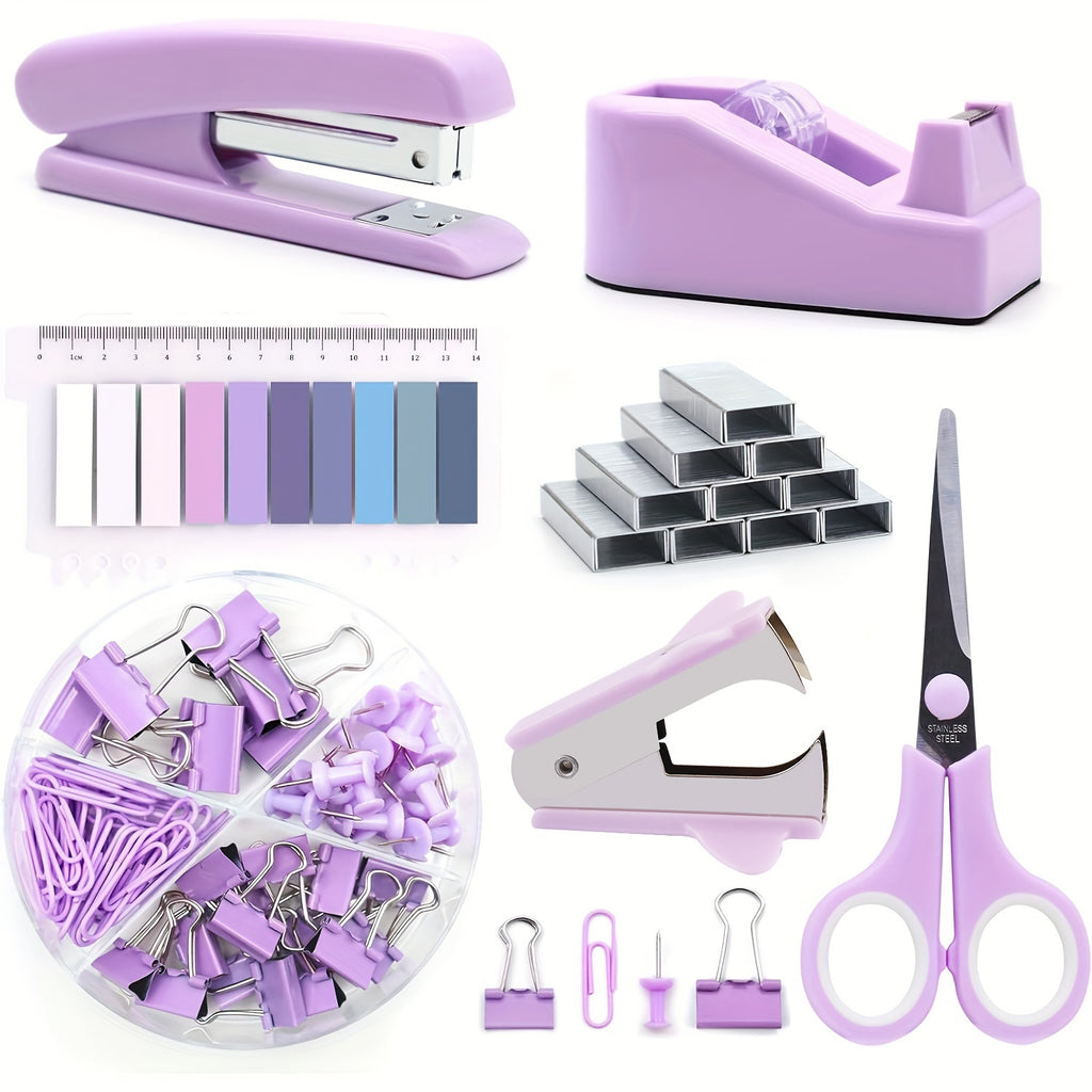 Green Office Supplies, Desk Accessories, Stapler And Tape Dispenser Set For Women With Stapler, Tape Dispenser, Staple Remover, Staples, Clips, Scissor And Tabs For Students, Office Clerks