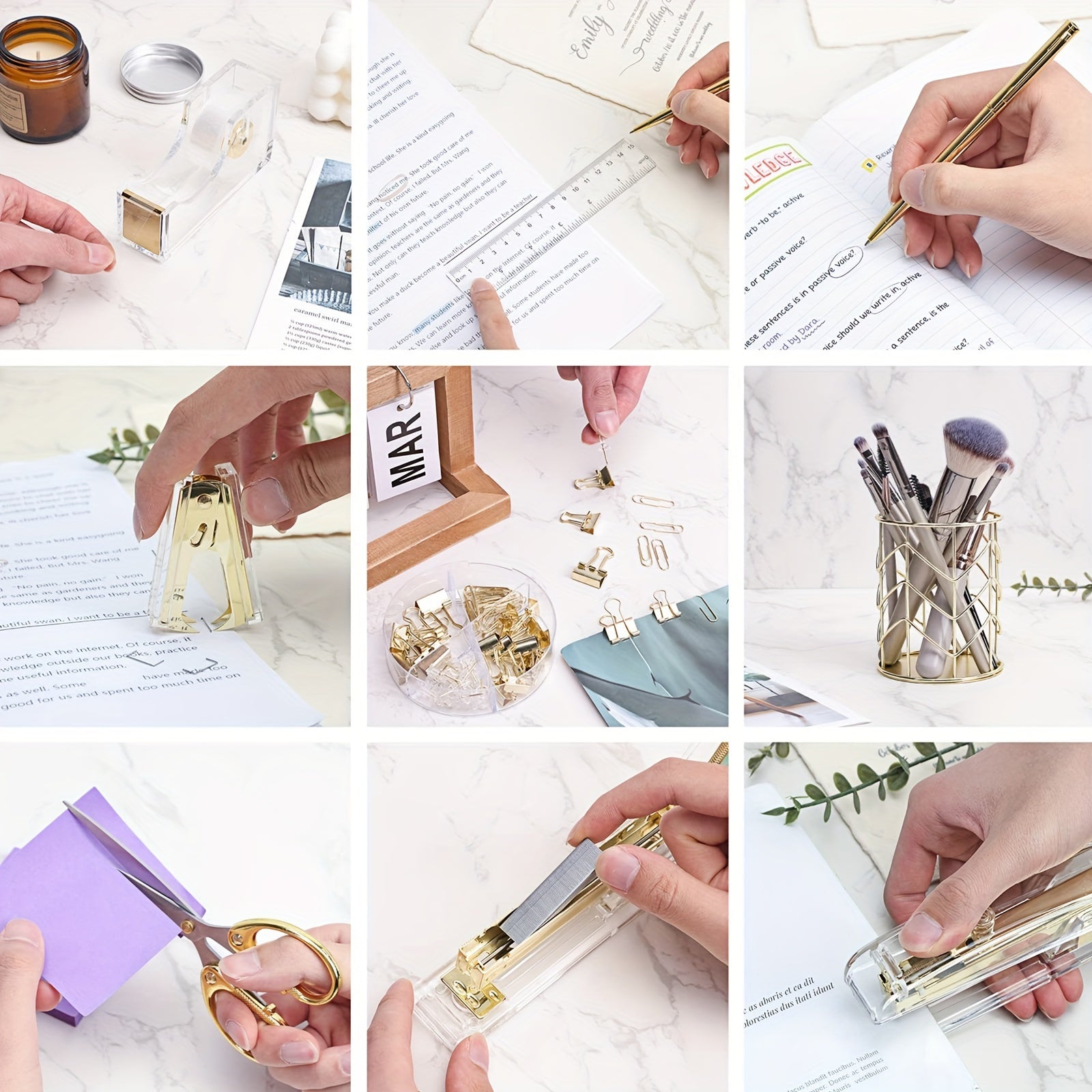 Office Supplies Set Desk Accessories, Acrylic Stapler Set Staple Remover, Phone Holder, Tape Holder, Pen Holder, 2 Ballpoint Pen, Scissor, Binder Clips, Ruler, Transparent Glue and Staples